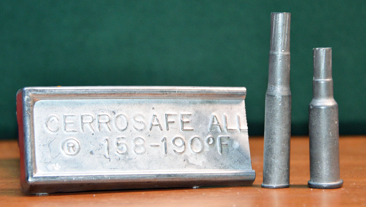 Cerrosafe in bar form is available from Brownells. If a rifle barrel isn’t marked to identify its wildcat chambering, a Cerrosafe casting of the chamber is a logical, easy option. The remarkable metal alloy melts between 158 and 190 degrees Fahrenheit.